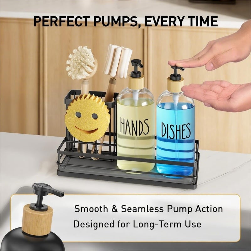 Moforoco Kitchen Dish Soap Dispenser Set, 16OZ Glass Bottle, Hand and Dish Soap Dispenser Set, Instant Dry Tray, Non-Slip Silicone Pad, Brush Holder with Sponge Holder, Kitchen Decor（Clear Bottle） - Image 2